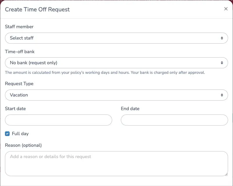 Time-off request form with type, dates, full-day option and reason