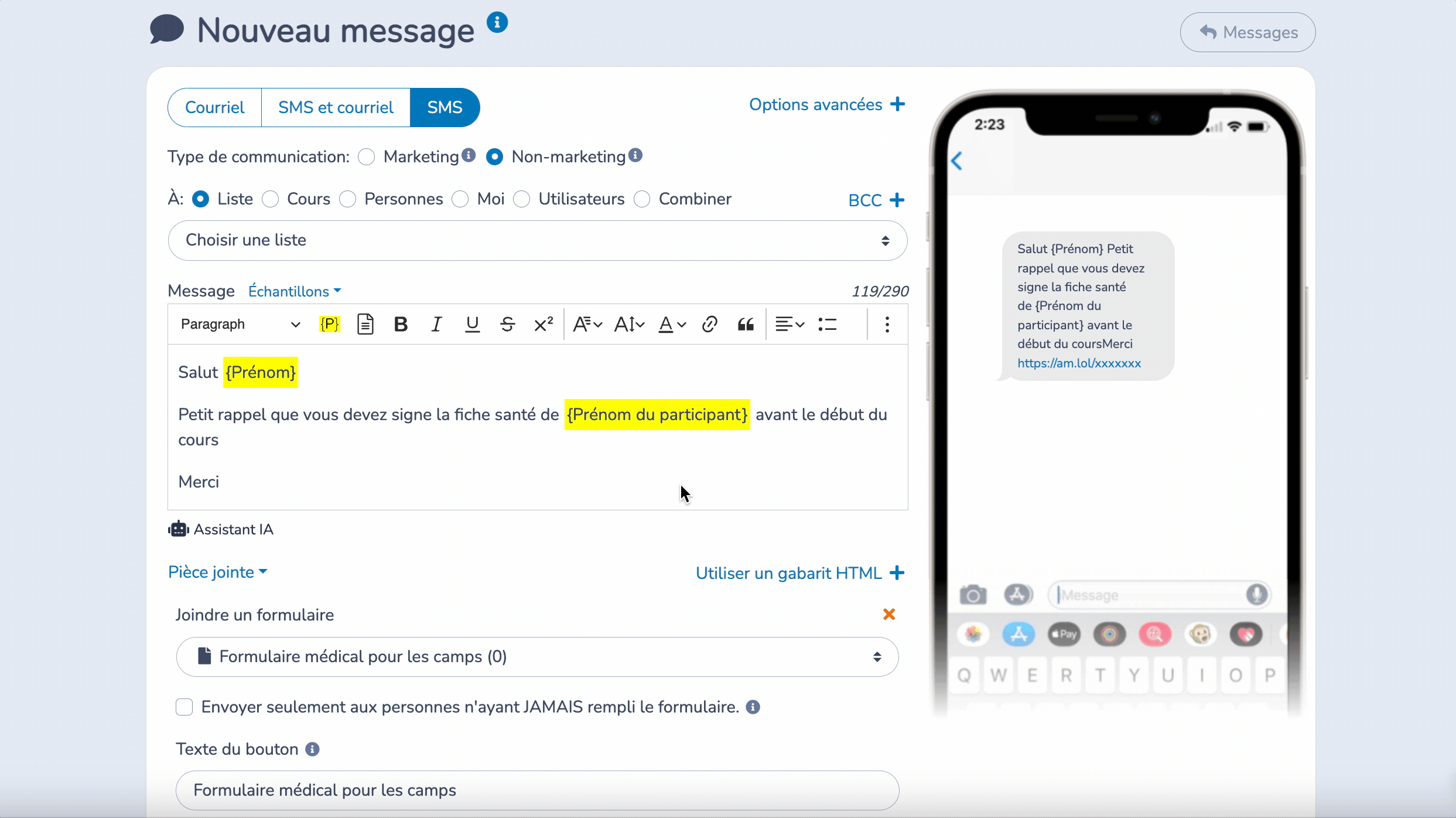 Renvoyer le formulaire par SMS uniquement aux personnes qui ne l'ont pas signé.