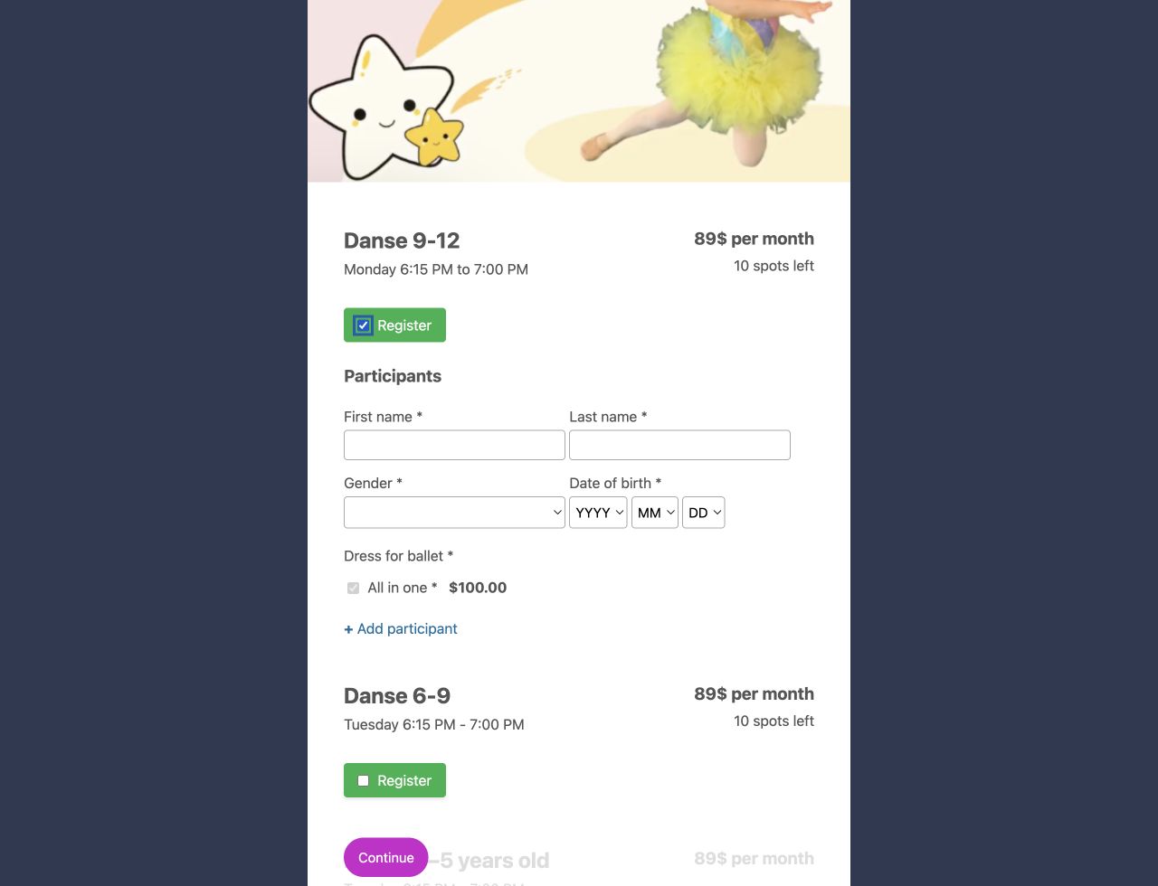 The public form displays Add participant after multiple participants are enabled