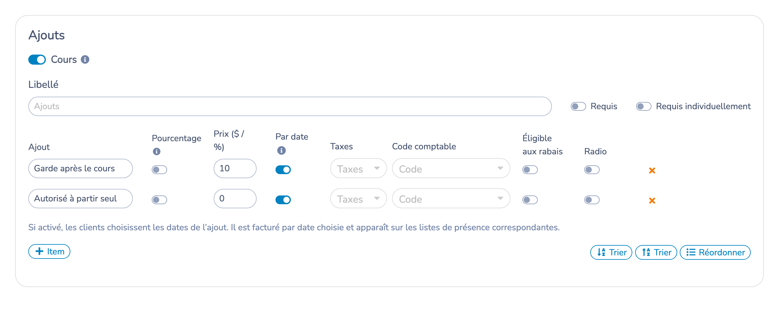 Activer Par date pour le service de garde et une option gratuite dans les ajouts de cours