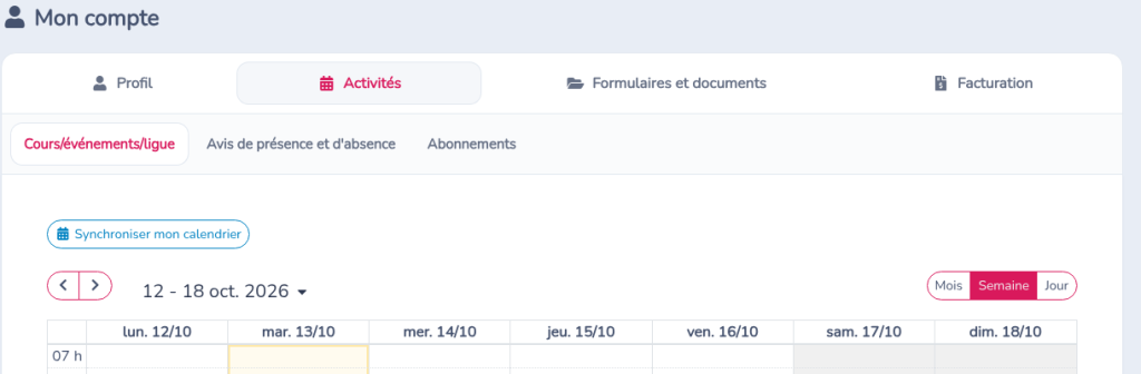 Synchroniser mon calendrier à côté des filtres Activité et Participants