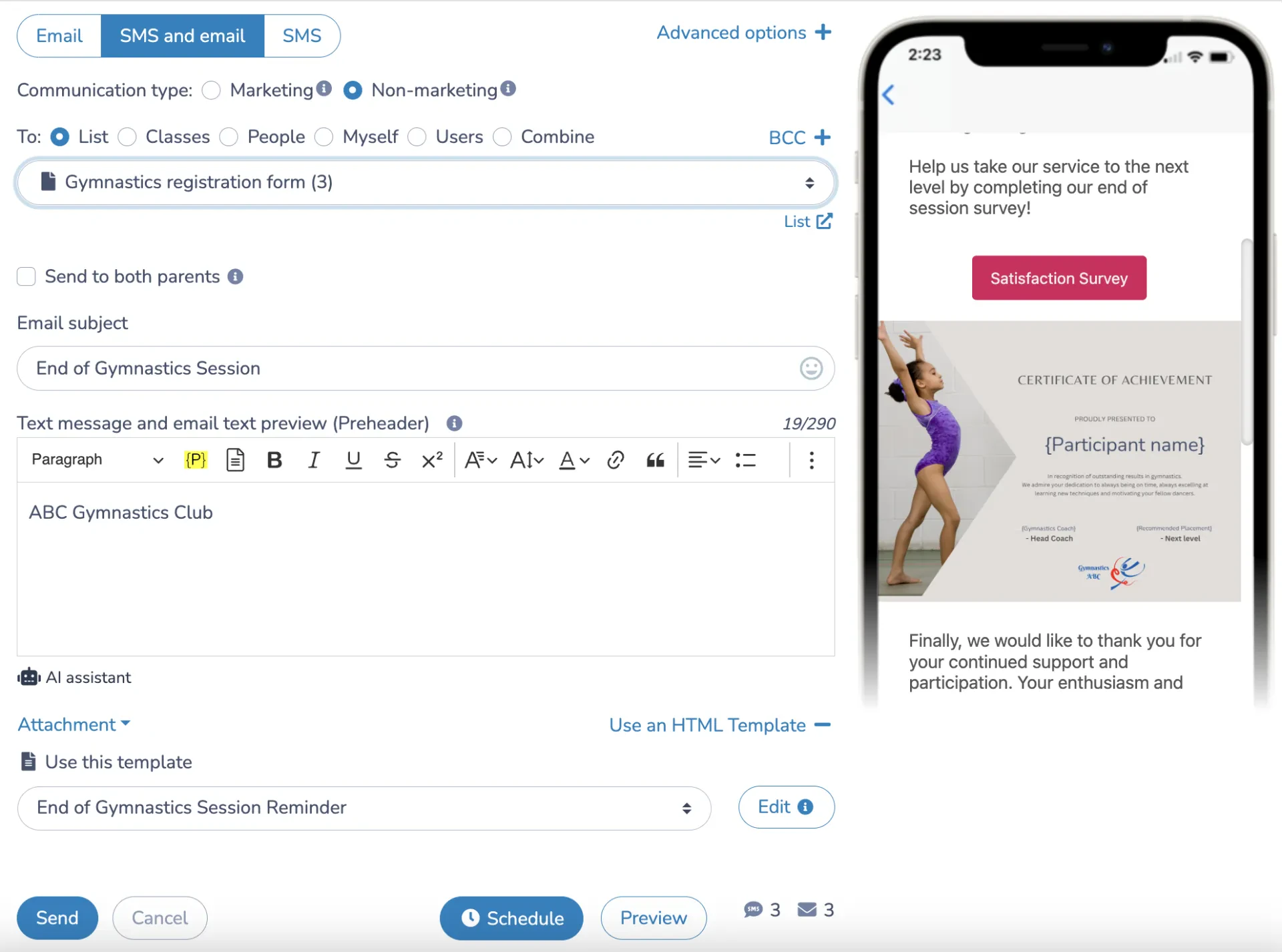 How to send a reminder by email and/or SMS