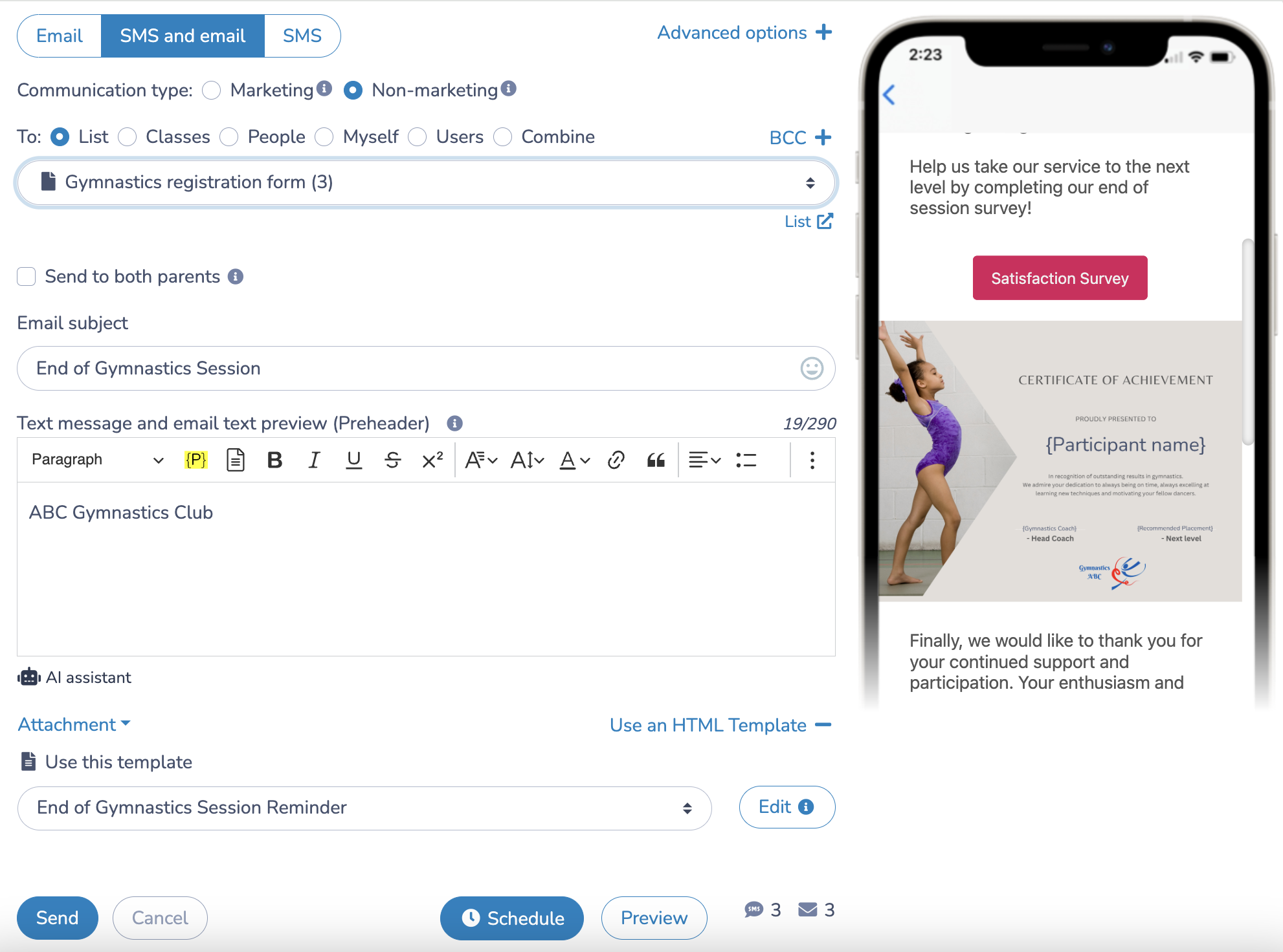 How to send a reminder by email and/or SMS