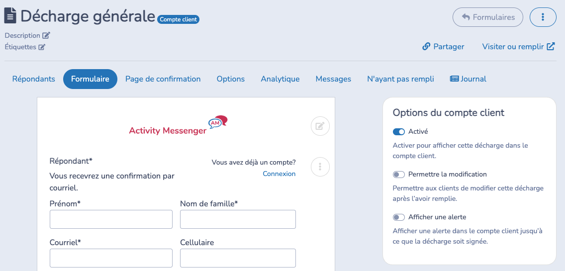 Configurer les options d'une décharge client