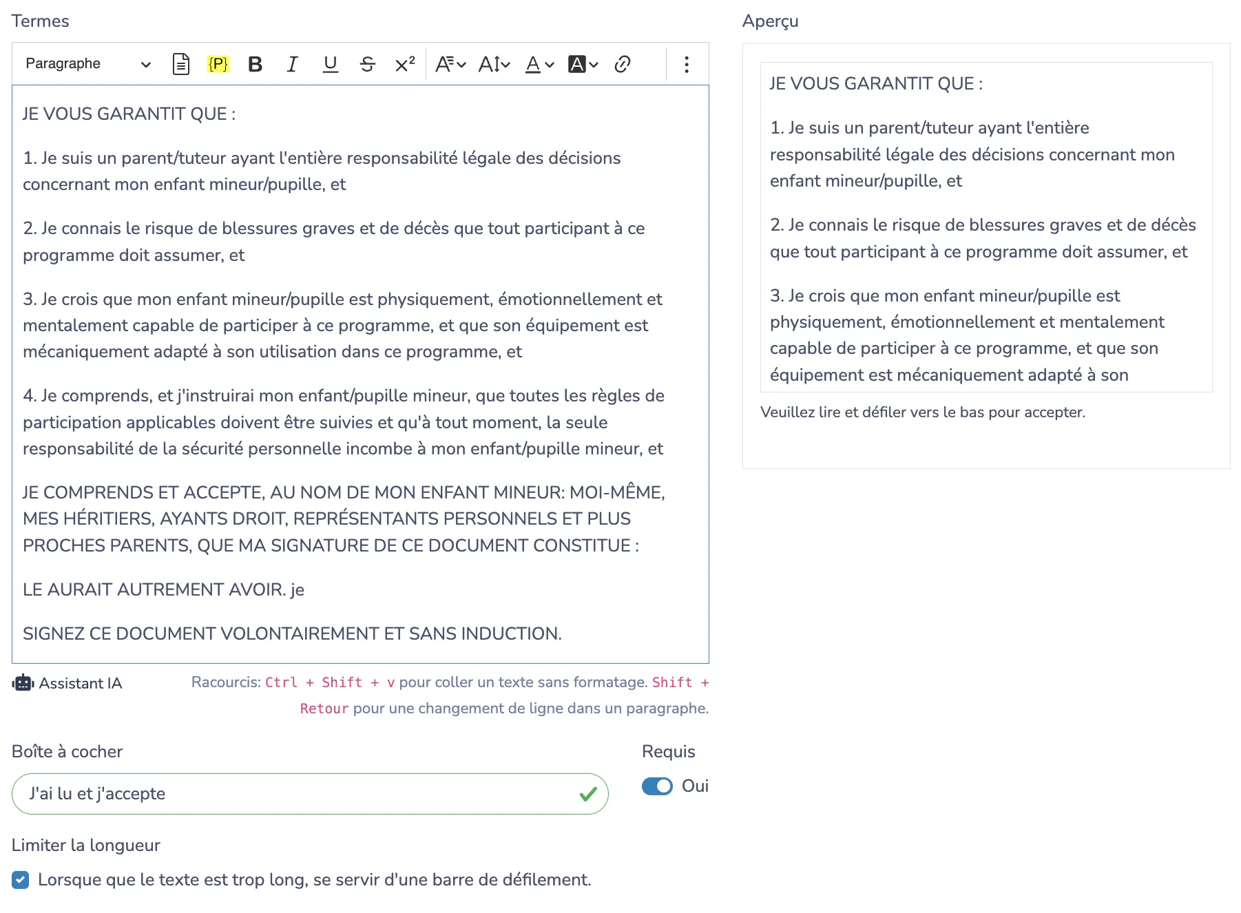 Modifier les Termes et Conditions: