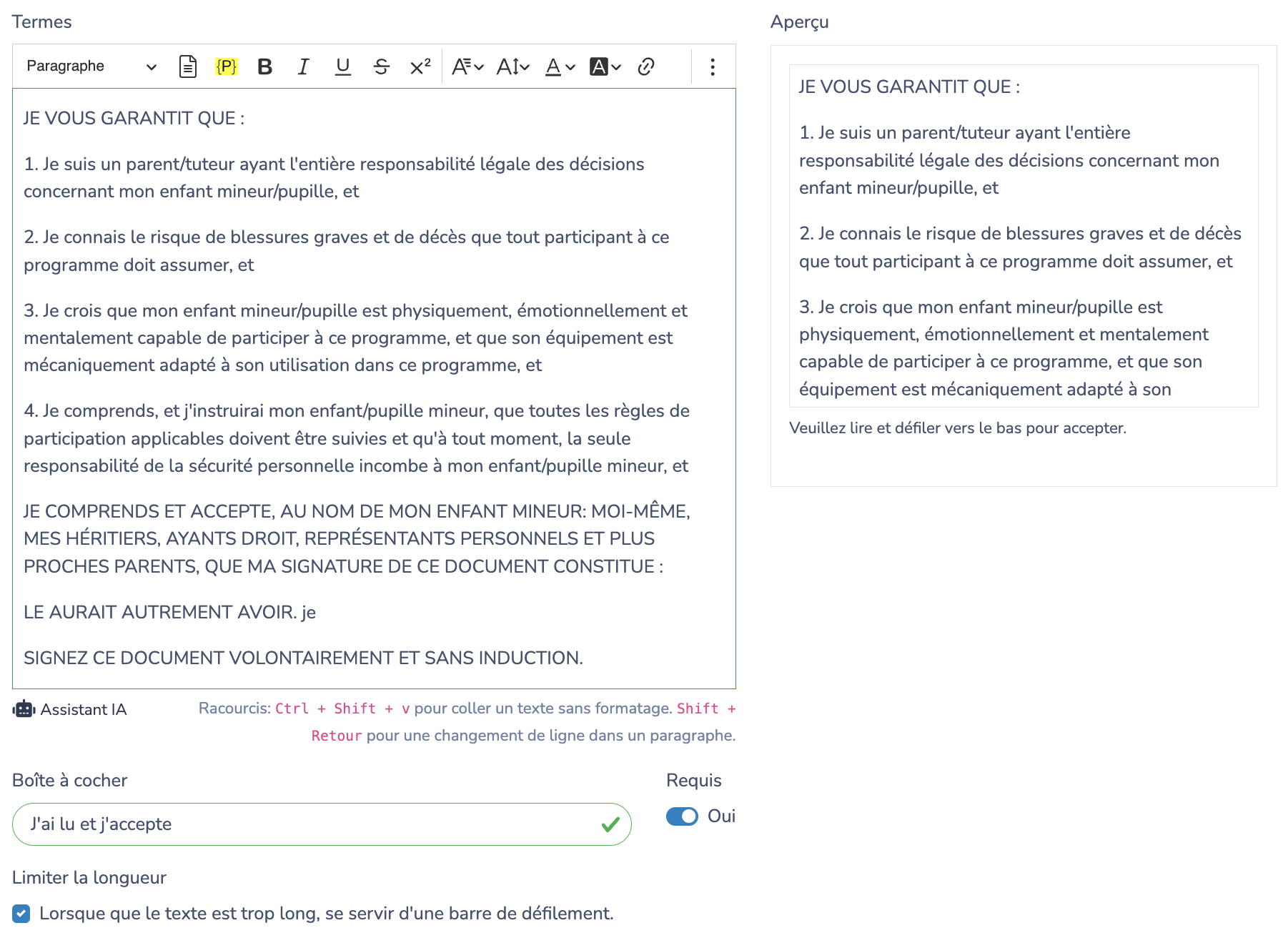 Modifier les Termes et Conditions:
