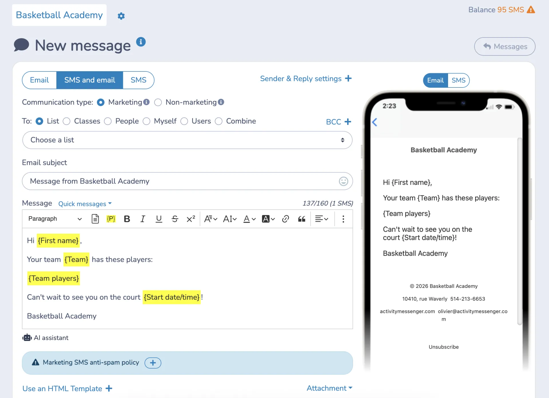 Basketball management software email/sms example