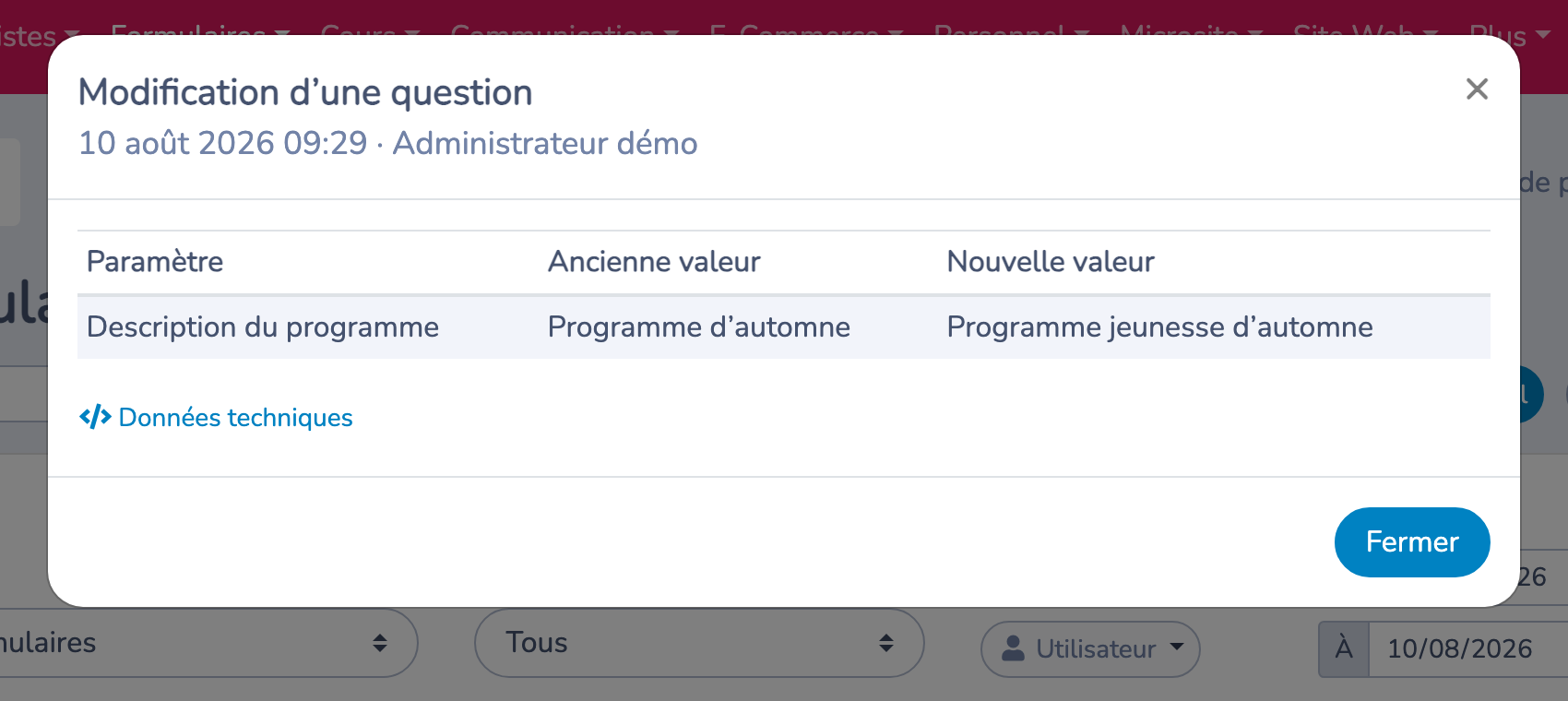 Comparer l'ancienne et la nouvelle valeur d'un paramètre
