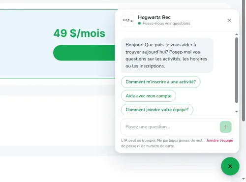 Clavardage compact sur la page d’accueil : Bonjour! Une question sur Accueil?, avec Quidditch et Cours de balai