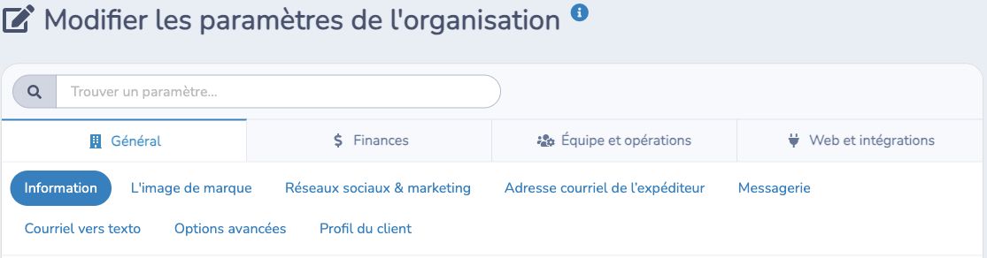 Recherche et sections des paramètres de l’organisation