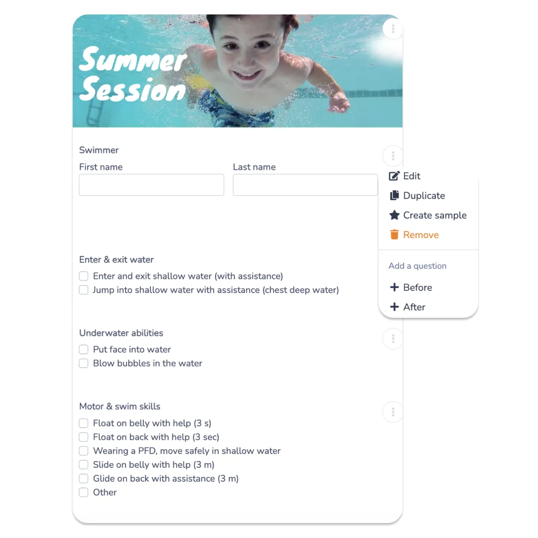 Swim School Skill Tracking & Swim Report Cards example using Activity Messenger's form builder