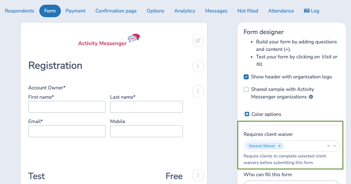Require a client waiver on another form