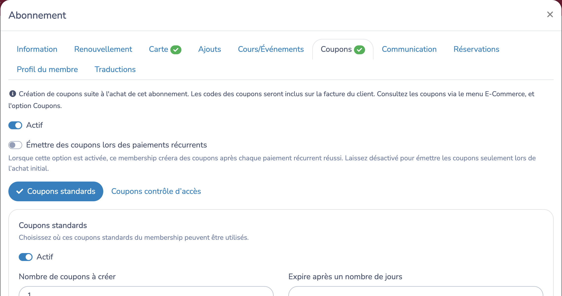 Configurer le nombre de coupons standards et leurs ressources admissibles
