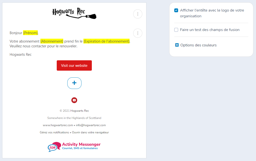Faire un test de champs de fusion dans Activity Messenger