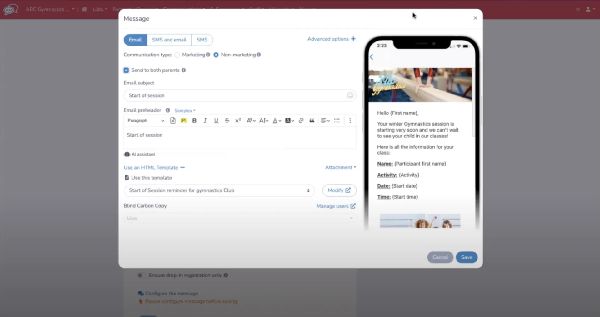 Example of building an email/SMS template using Activity Messenger