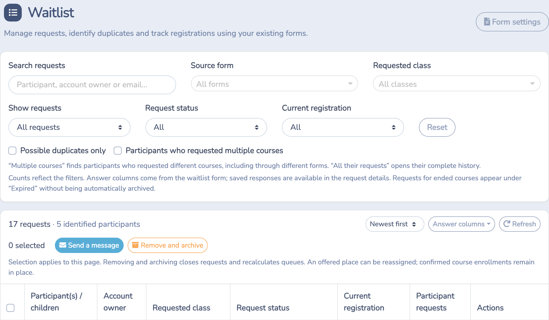 Waitlist module with filters, the Form settings button and the table header