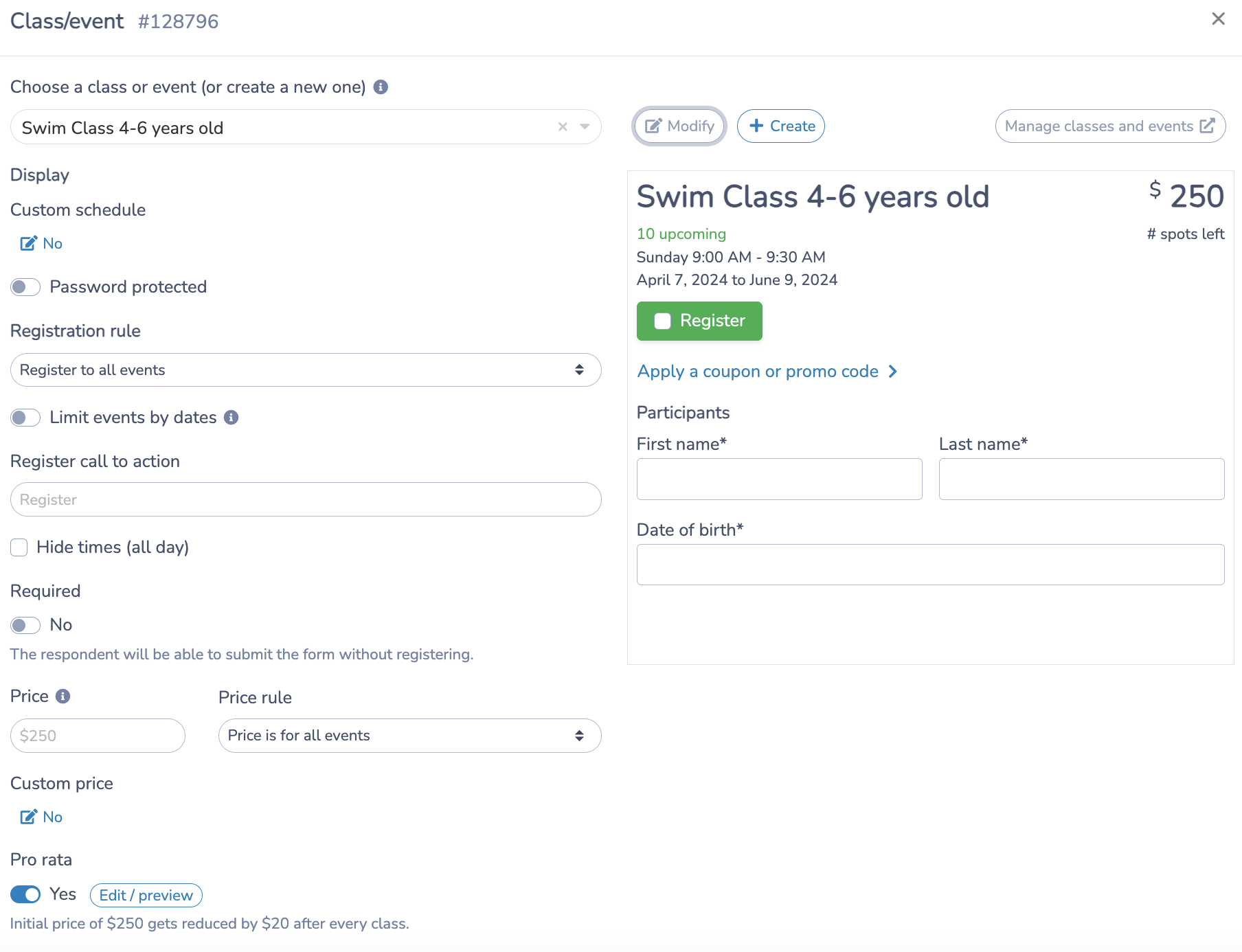 Create a lesson for a swim lesson registration form