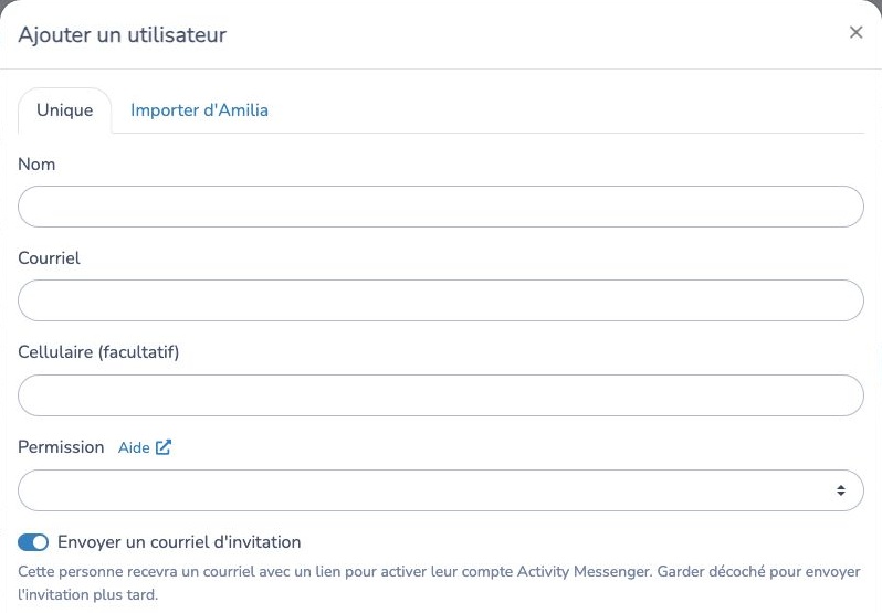 Nom, courriel, permission et invitation dans Ajouter un utilisateur