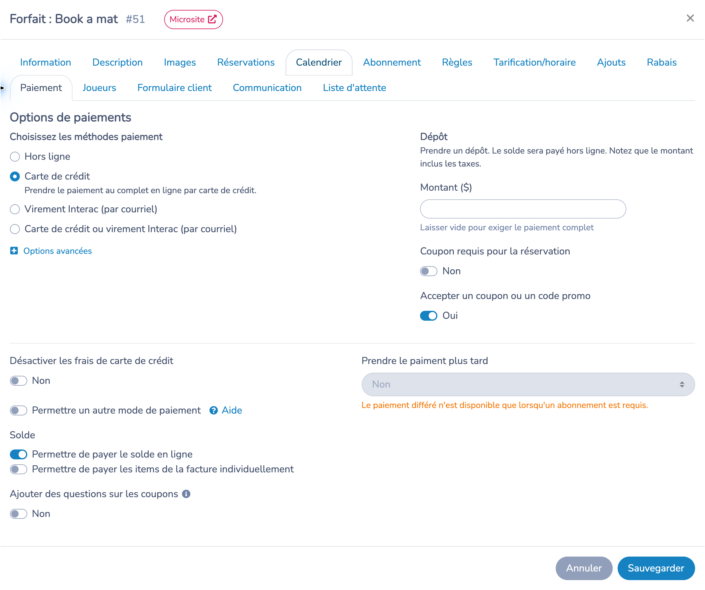 Onglet Paiement montrant la carte de crédit, le dépôt, les coupons, le solde et la disponibilité du paiement différé