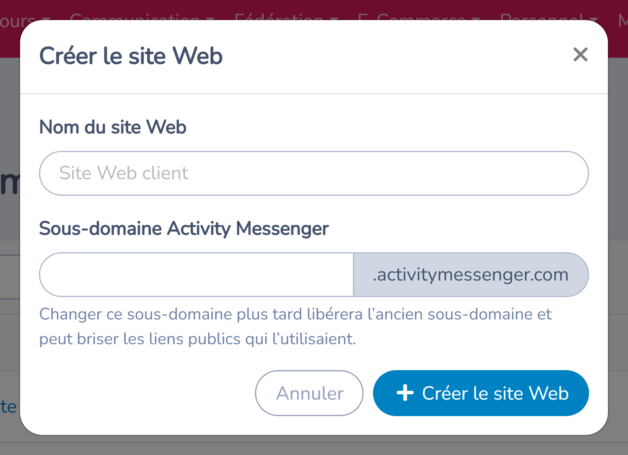 Fenêtre de création avec le nom du site et le sous-domaine Activity Messenger
