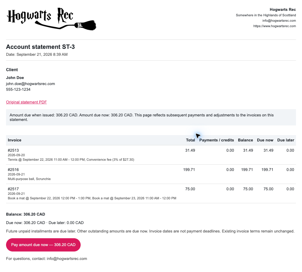 Client-facing account statement with organization logo, client details, three invoices and a button to pay $306.20 CAD