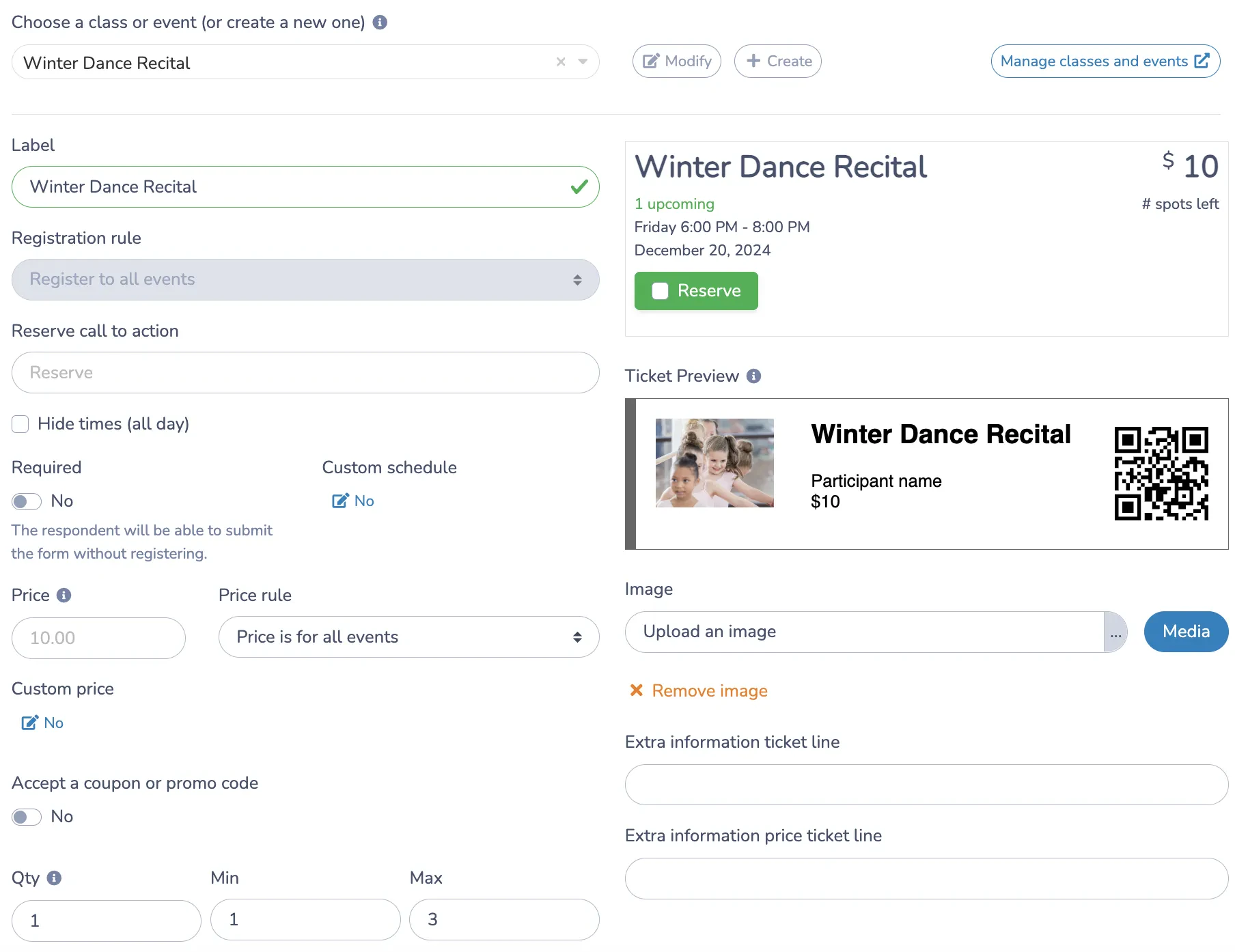 Create an online recital ticketing form