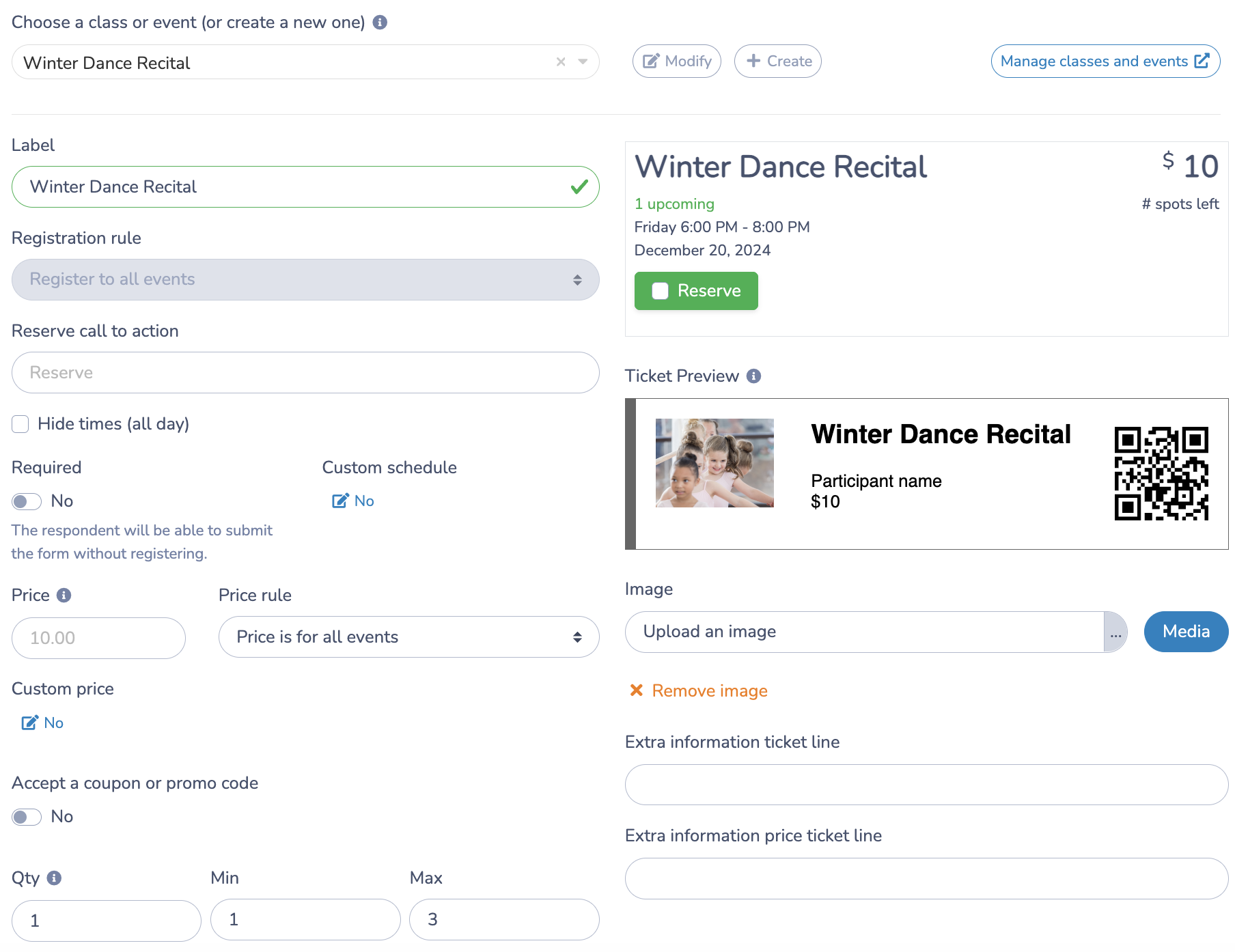 Create an online recital ticketing form