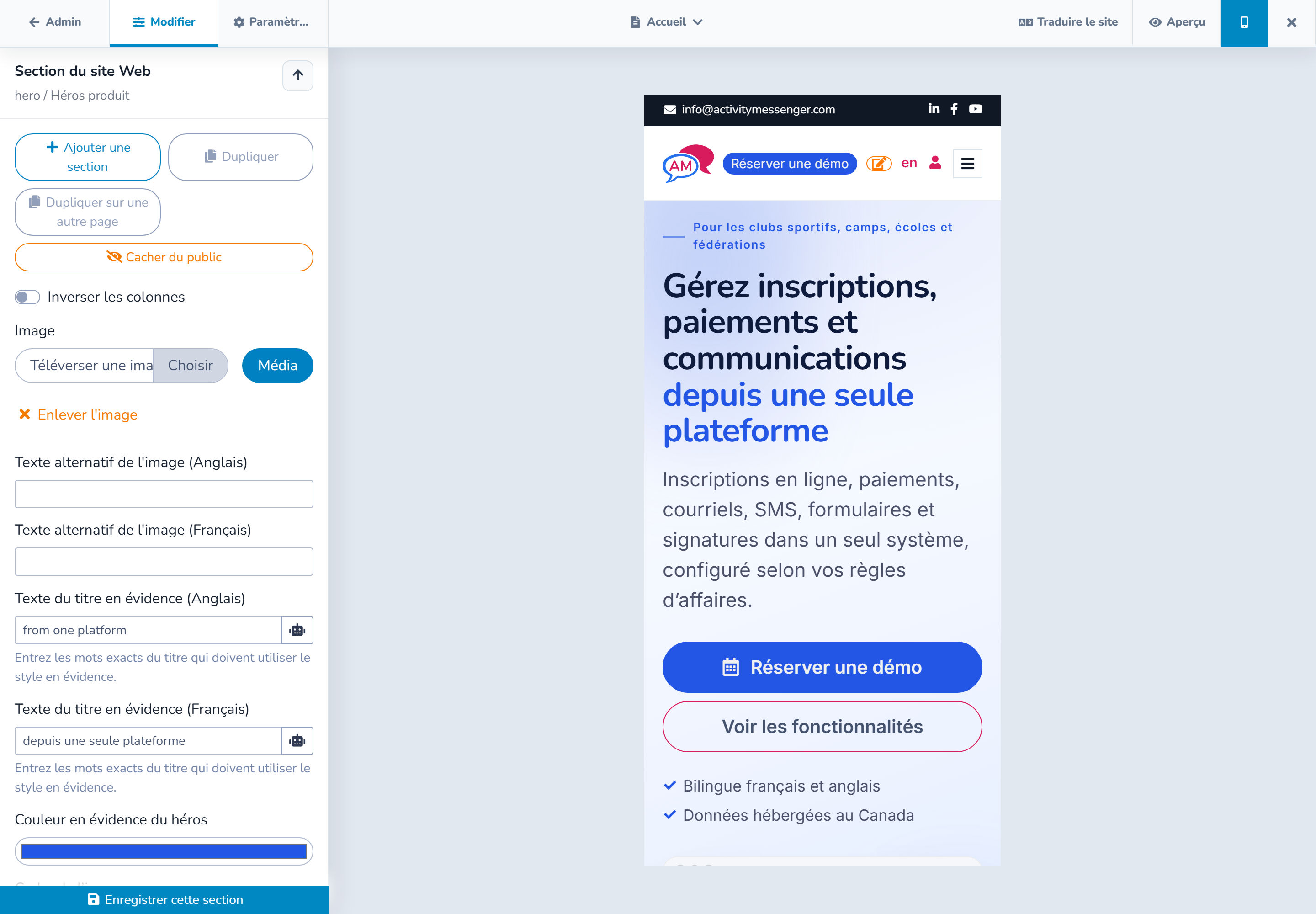 Aperçu mobile de la page actuelle