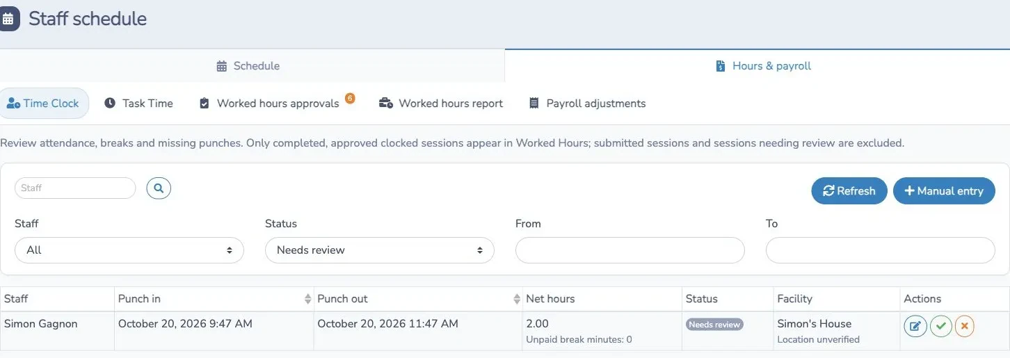 Manager Time Clock review filtered to sessions needing review, with staff, dates, net hours and review actions