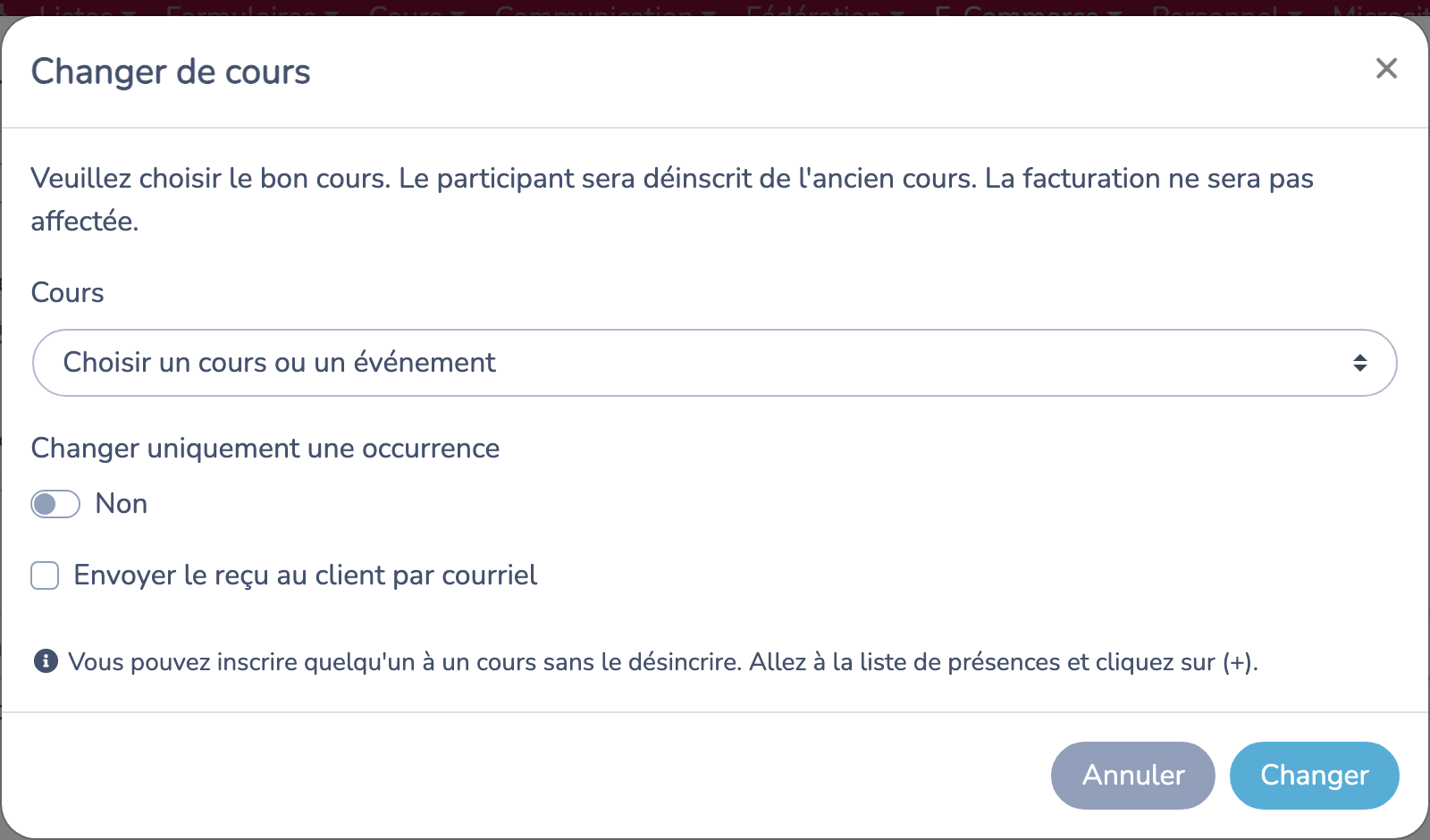 Choisir le cours de destination et les options du transfert