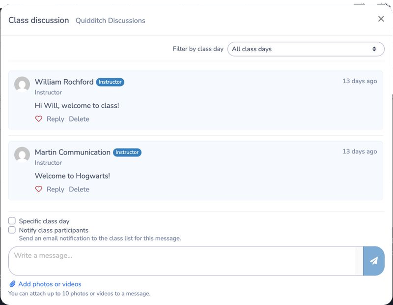 A class discussion with message actions and attachment controls
