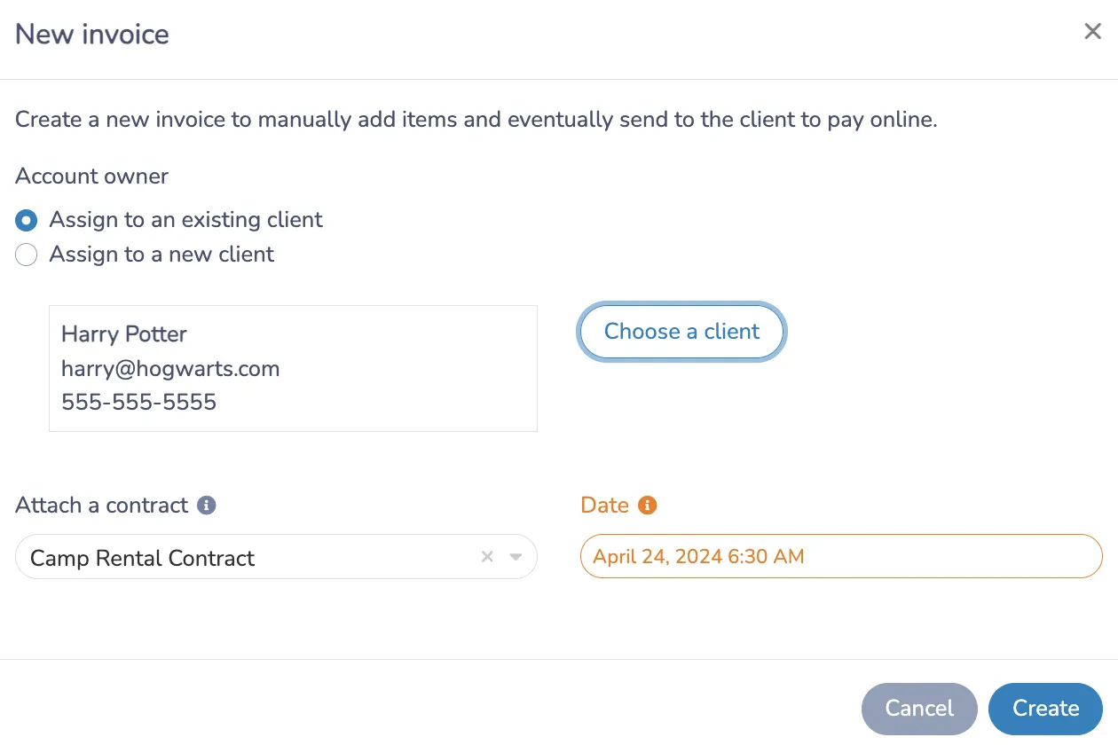 Creating an invoice and contract for a Client