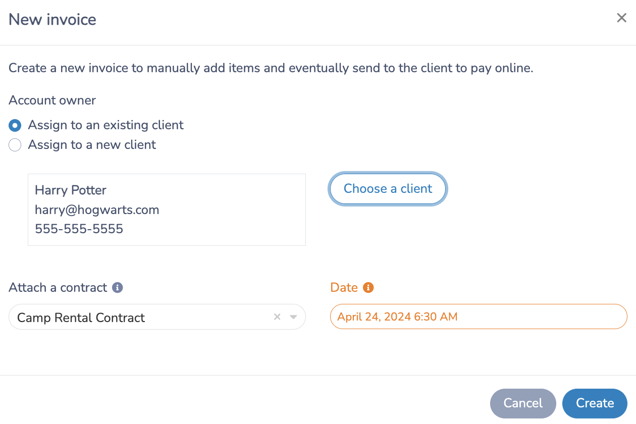 Creating an invoice and contract for a Client