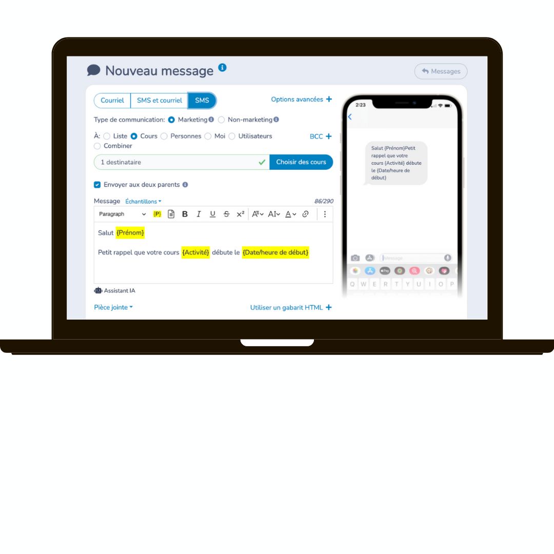 Communications personnalisées par SMS et Courriel pour studio de danse au québec