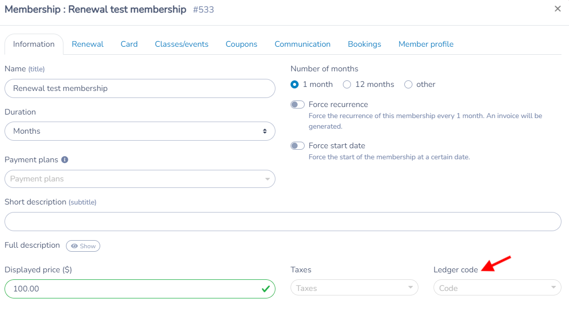 Membership settings with the Ledger code field