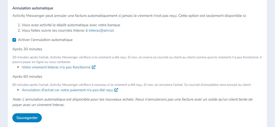 Annulation Automatique (optionnel) — capture d’écran