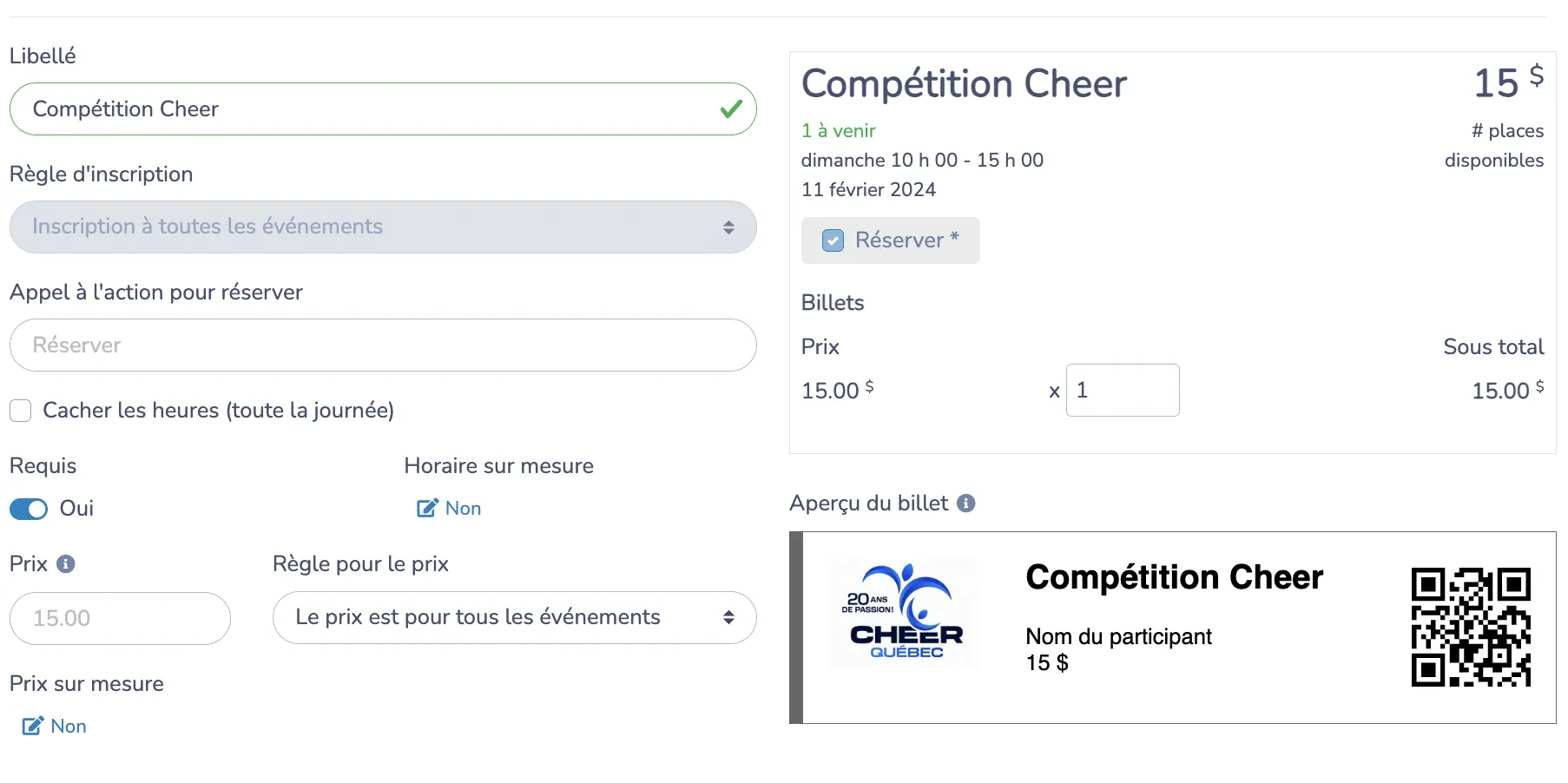 Billetterie en ligne pour compétition de Cheer