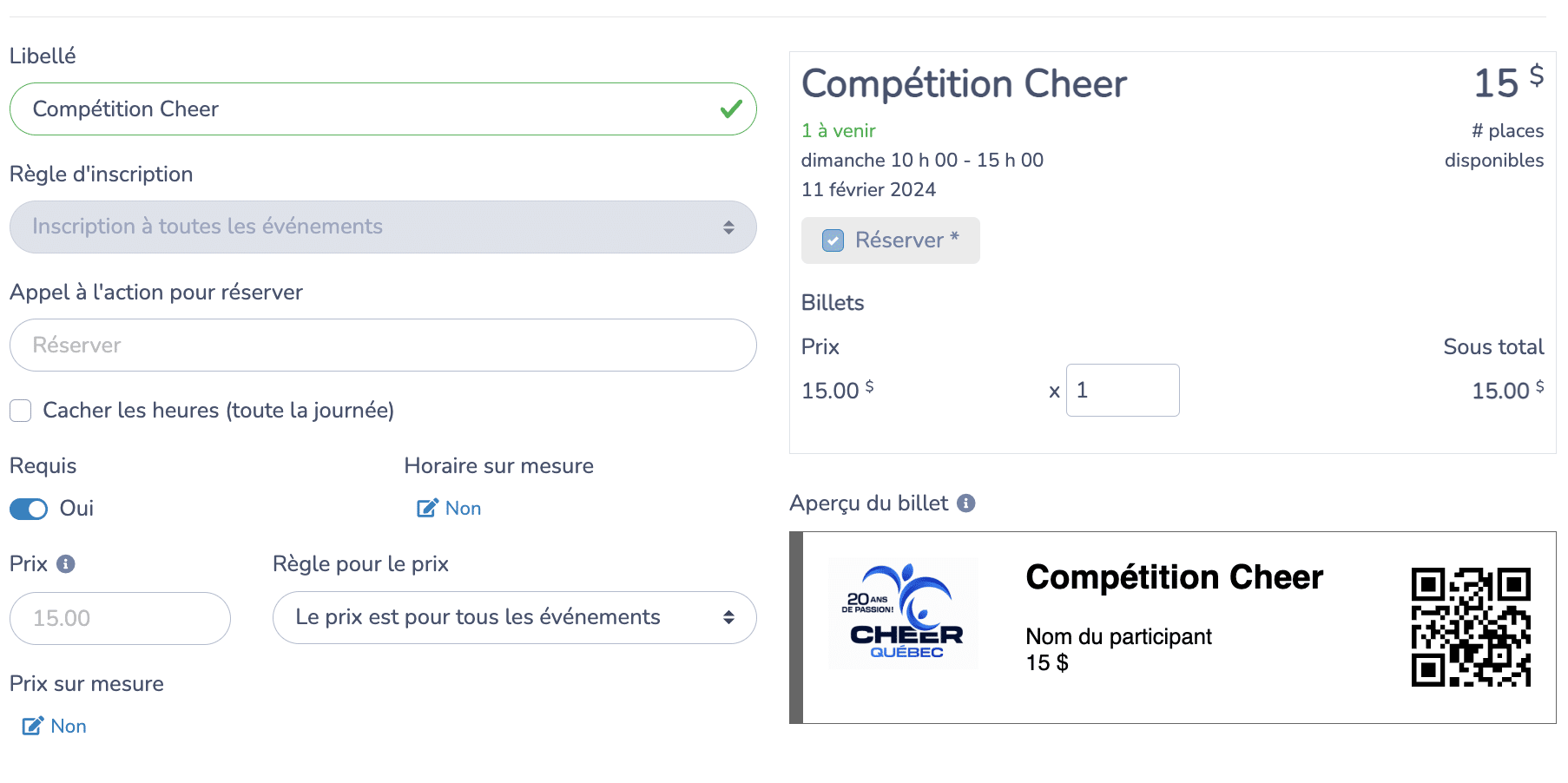 Billetterie en ligne pour compétition de Cheer