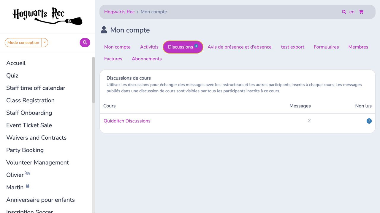 Onglet Discussions du compte client avec le nombre de messages non lus