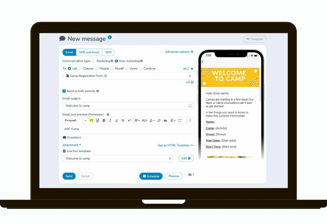 Personalized text and e-mail communications for camps