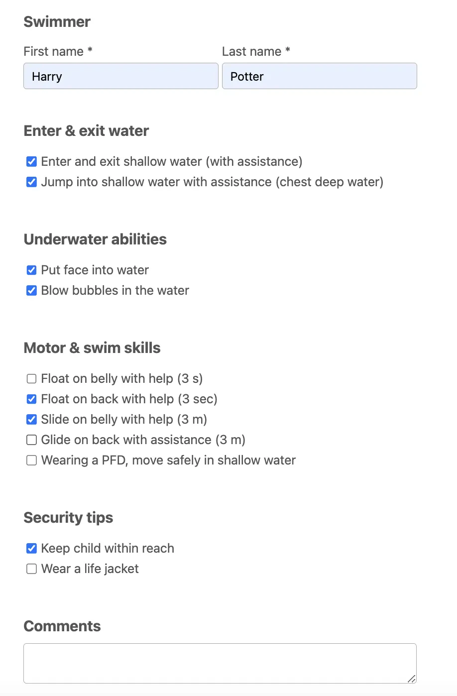 Add details to swim evaluation