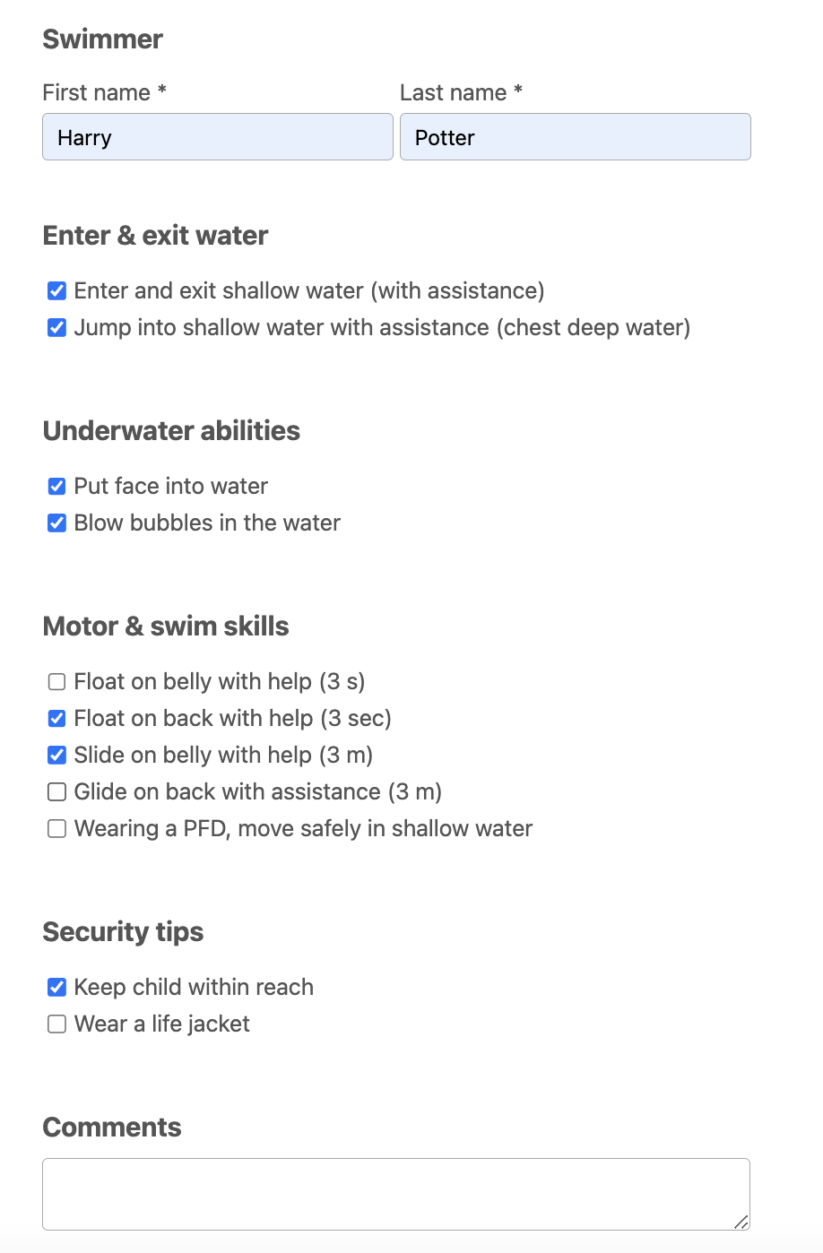 Add details to swim evaluation