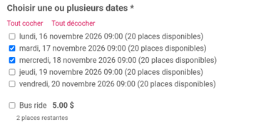 Le mardi 17 novembre et le mercredi 18 novembre sont cochés, avec Bus ride à 5,00 $ et 2 places restantes