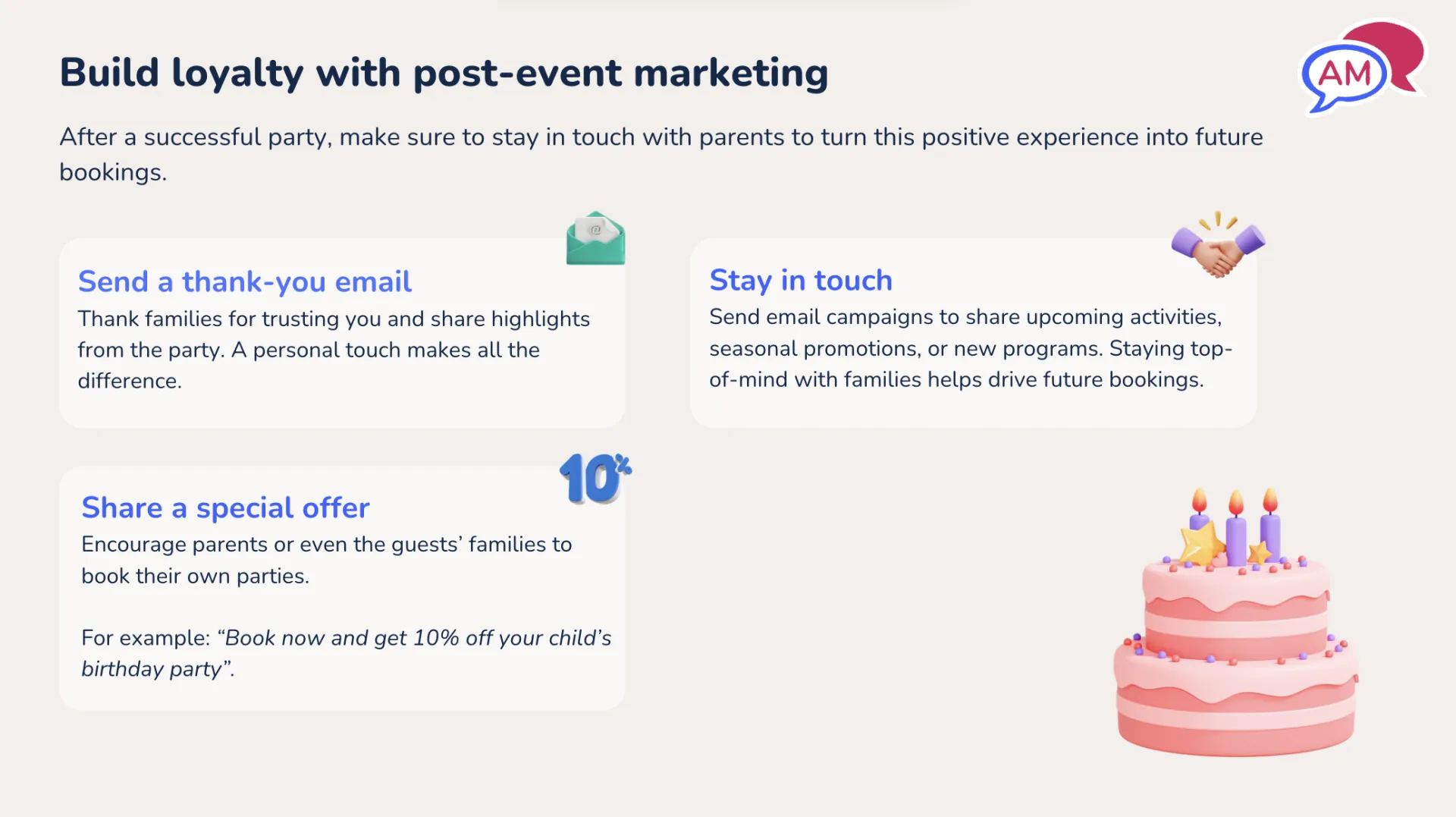 Graphic from webinar showing tips of building post-event loyalty with guests