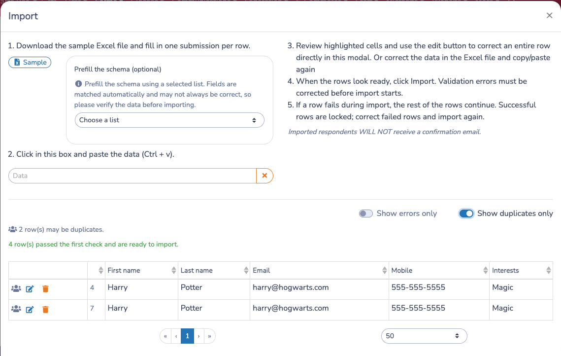 Review duplicate rows and existing respondent warnings