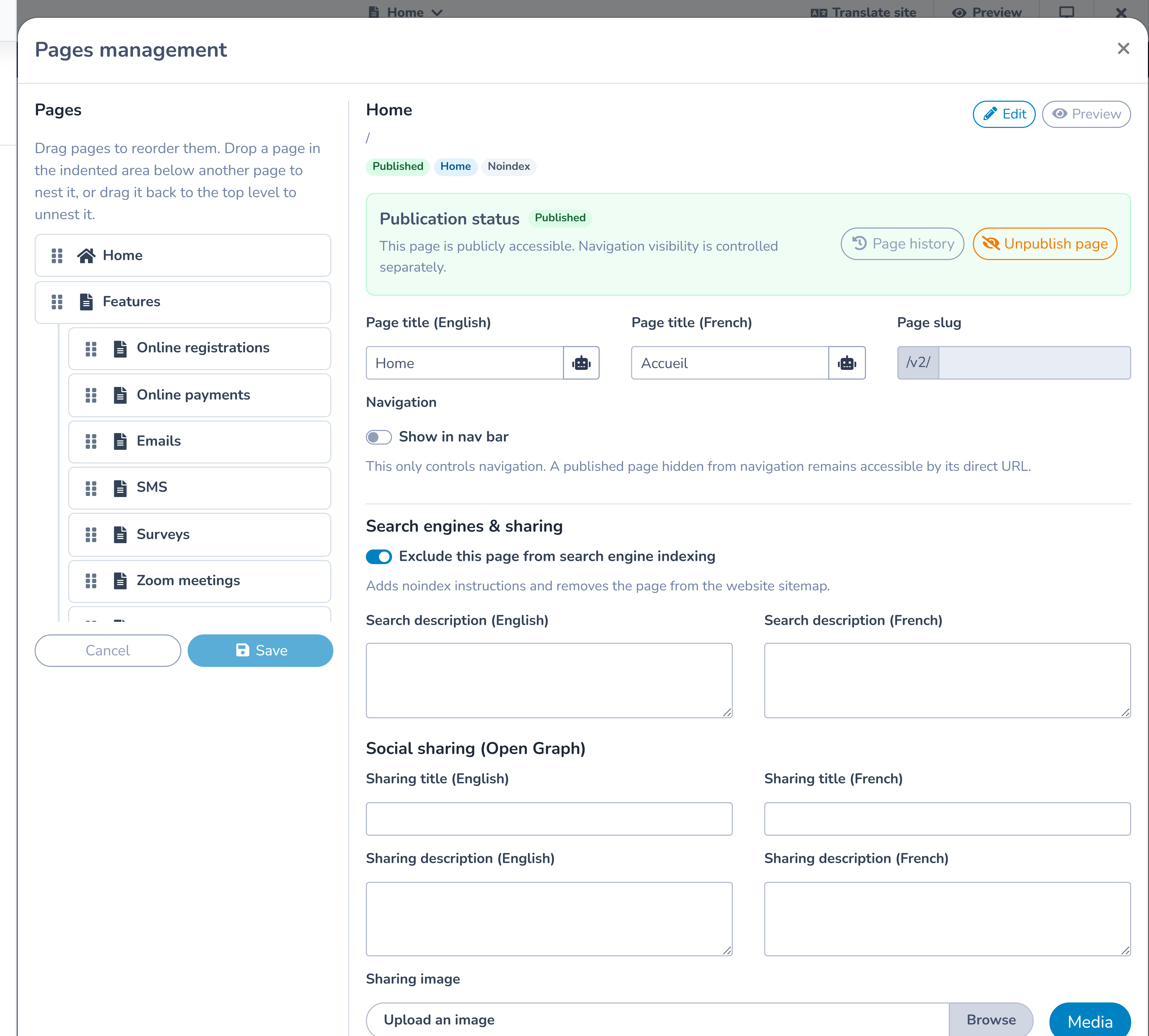 Reorder pages and create the website navigation hierarchy