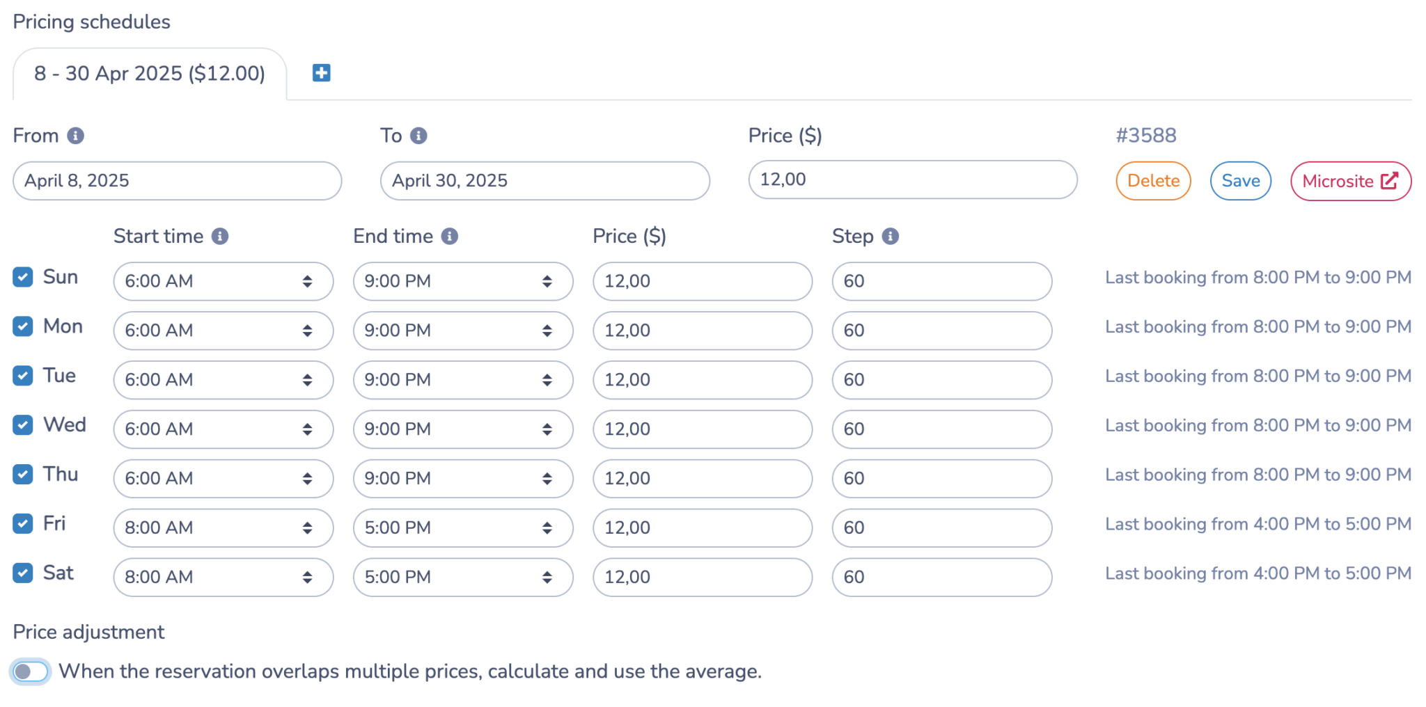 Set booking hours and lead time