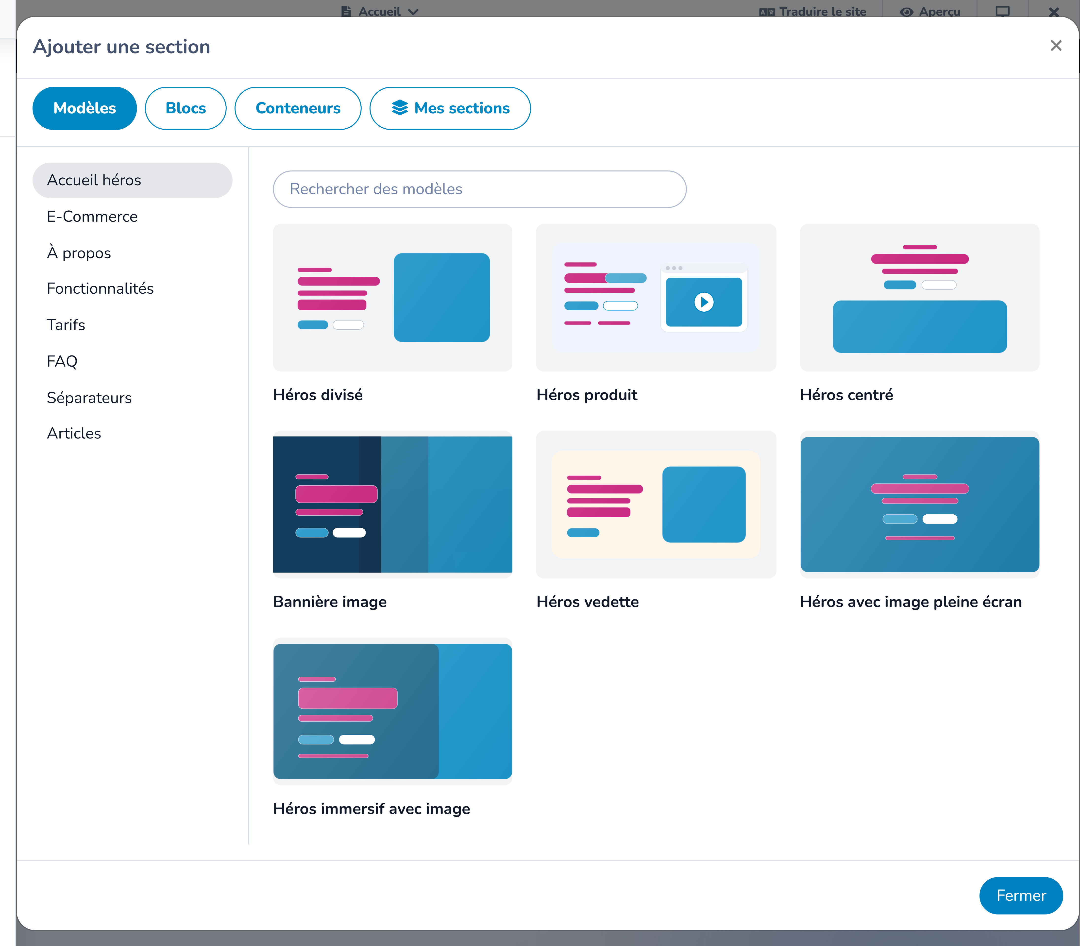 Bibliothèque de sections présentant les modèles disponibles