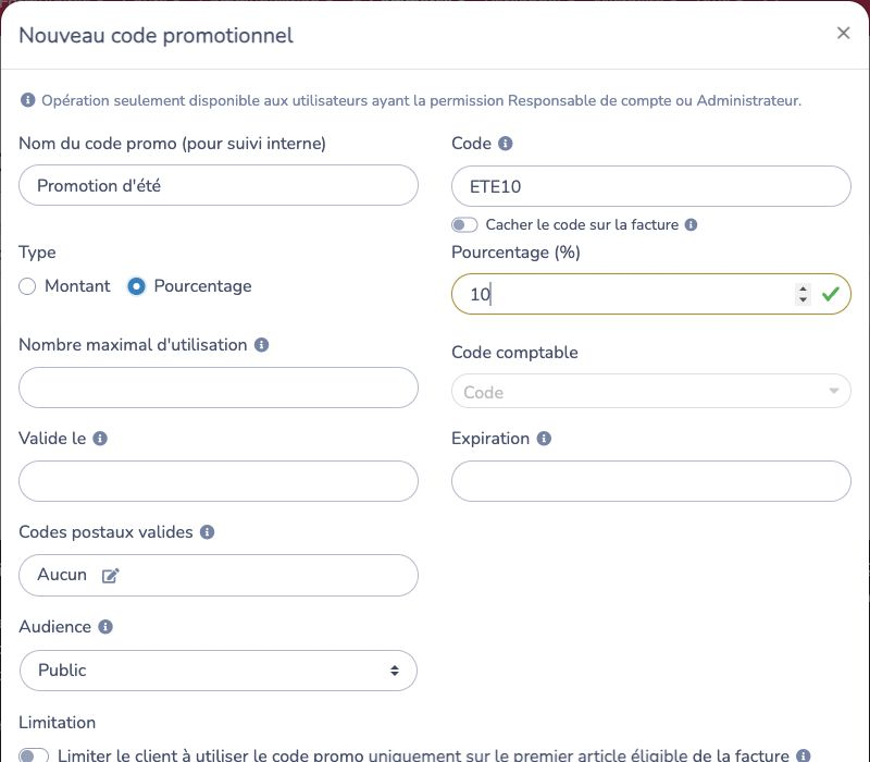 Configurer le nom, le code, le rabais, les dates, l'audience et les limites