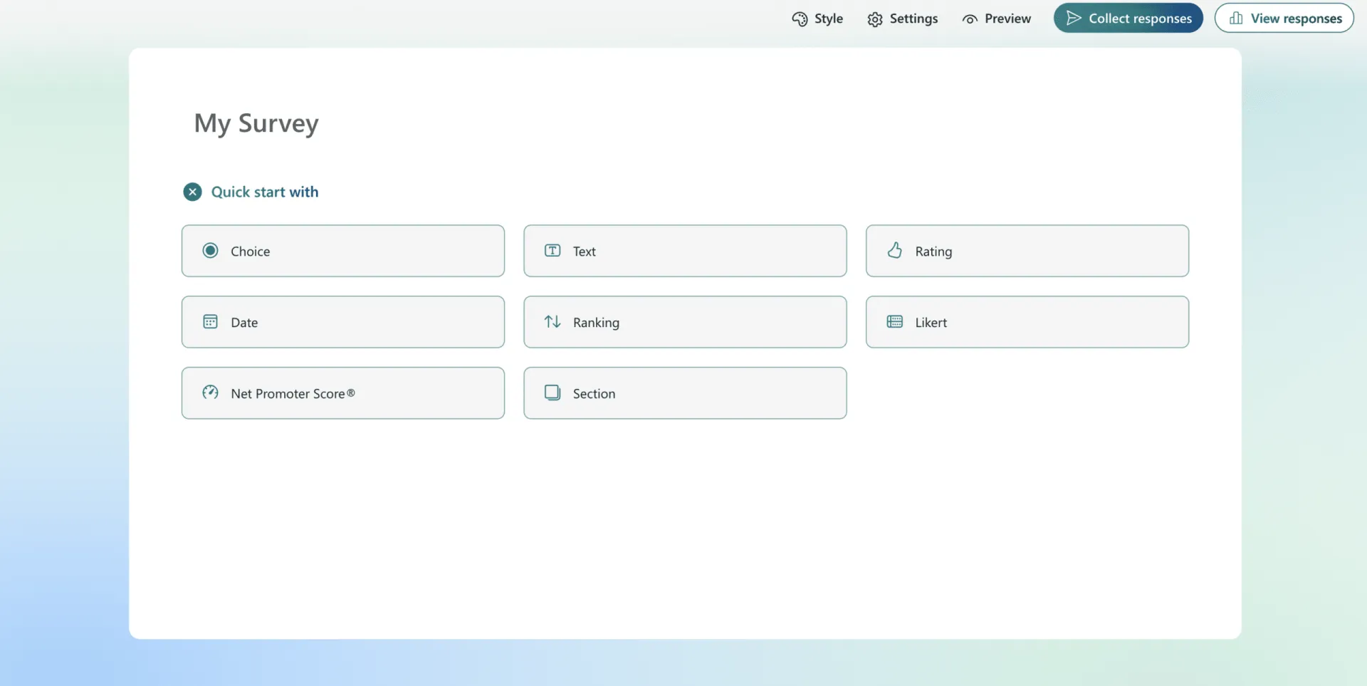 Page where you choose which question type you'd like to add to your survey
